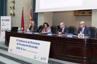 Un momento del Acto de inauguración de la Conferencia, con la presencia de José Pingarrón, secretario general de Universidades; Asunción Gómez, vicerrectora de Investigación, Innovación y Doctorado de la UPM; Arturo F. Chica, presidente de la CDED y director del Secretariado de Doctorado de la UCO; y Andrés Monzón, organizador del evento y director de la Escuela Internacional de Doctorado de la UPM.